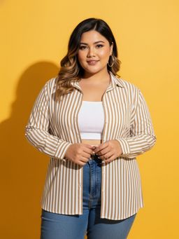 Buynewtrend - Women Brown Striped Cotton Oversized Plus Size Button-Down Shirt