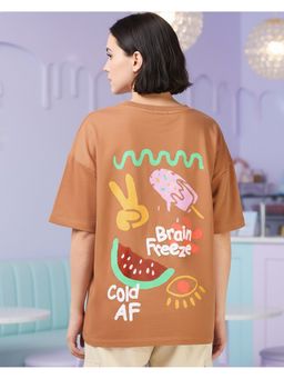 Bewakoof - Women Caramel Orange Brain Freeze Graphic Printed Oversized T-Shirt