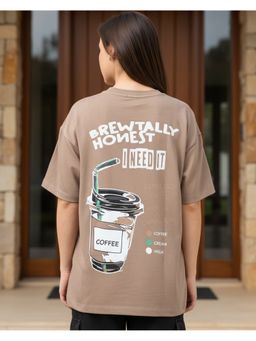 Bewakoof - Women Warm Taupe Brown Coffee Time Graphic Printed Oversized T-Shirt