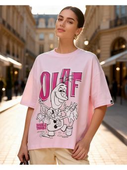 Bewakoof - Disney Olaf Women Tendor Touch Pink Graphic Printed Oversized T-Shirt