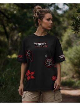 Bewakoof - Stranger Things Women Black Graphic Printed Oversized T-Shirt