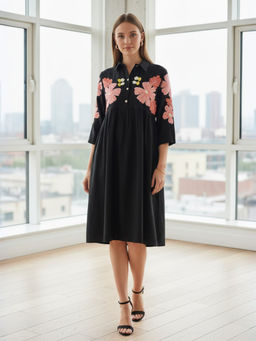 ZUMMER - Rayon Black Floral Embroidered Shirt Collar Dress