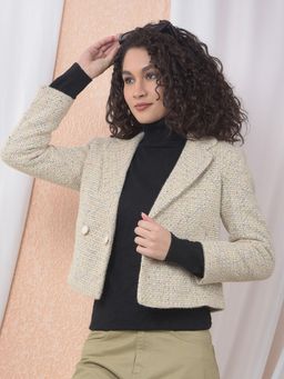 CRIMSOUNE CLUB - Women Jacquard Notched Lapel Beige Blazer