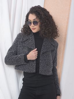 CRIMSOUNE CLUB - Women Jacquard Notched Lapel Black Blazer