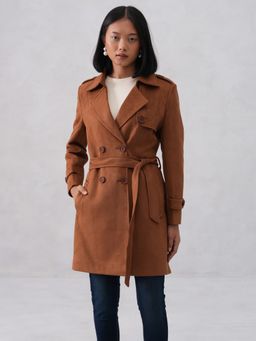 CRIMSOUNE CLUB - Women Notched Lapel Brown Overcoat with Belt