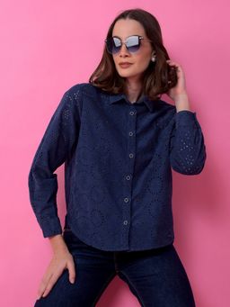CRIMSOUNE CLUB - Women Navy Blue Embroidered 100% Cotton Semi-Sheer Shirt