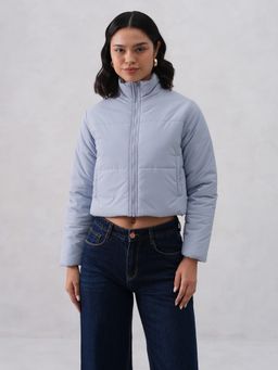 CRIMSOUNE CLUB - Women Cropped High Neck Puffer Blue Jacket