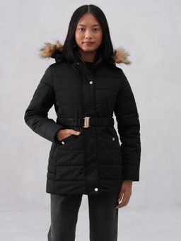 CRIMSOUNE CLUB - Women Puffer Hooded Black Jacket with Belt