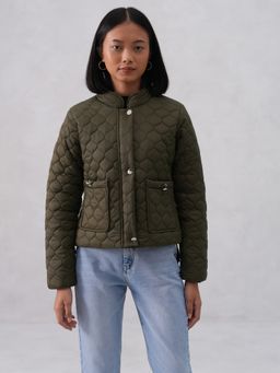 CRIMSOUNE CLUB - Women Quilted High-Neck Green Jacket