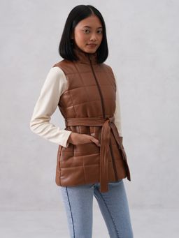 CRIMSOUNE CLUB - Women Sleeveless Leather Brown Jacket with Belt