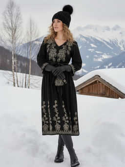 ZUMMER - Black Embroidered Fit and Flare Dress with Belt
