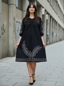 ZUMMER - Cotton Black Embroidered Puff Sleeve Dress
