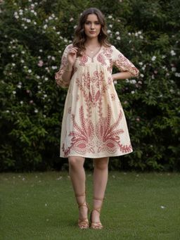ZUMMER - Cream Embroidered Puff Sleeve Dress