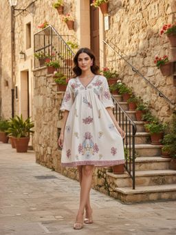 ZUMMER - Off White Tropical Embroidered Dress