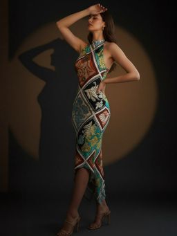 ZUMMER - Multicolor Floral Satin Halter Neck Dress