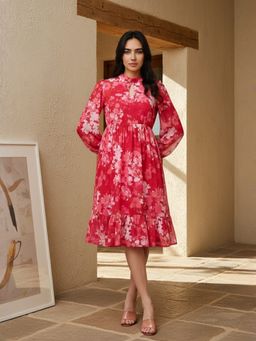 ZUMMER - Pink Floral Neck Keyhole Neck Dress