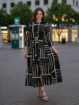 ZUMMER - Black Abstract Printed Fit and Flare Dress with Belt