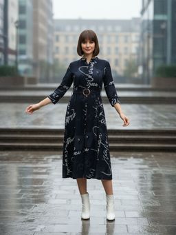 ZUMMER - Navy Blue Rayon Printed Dress with Belt