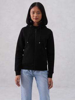 CRIMSOUNE CLUB - Women Cotton Blend Hooded Solid Black Hoodie