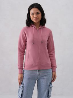 CRIMSOUNE CLUB - Women Cotton Blend Hooded Solid Pink Hoodie