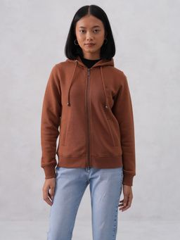 CRIMSOUNE CLUB - Women Cotton Blend Hooded Solid Brown Hoodie