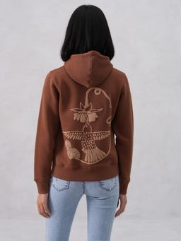 CRIMSOUNE CLUB - Women Cotton Blend Hooded Typography Brown Hoodie