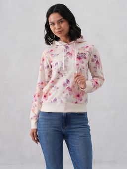 CRIMSOUNE CLUB - Women Polyester Hooded Floral Beige Hoodie