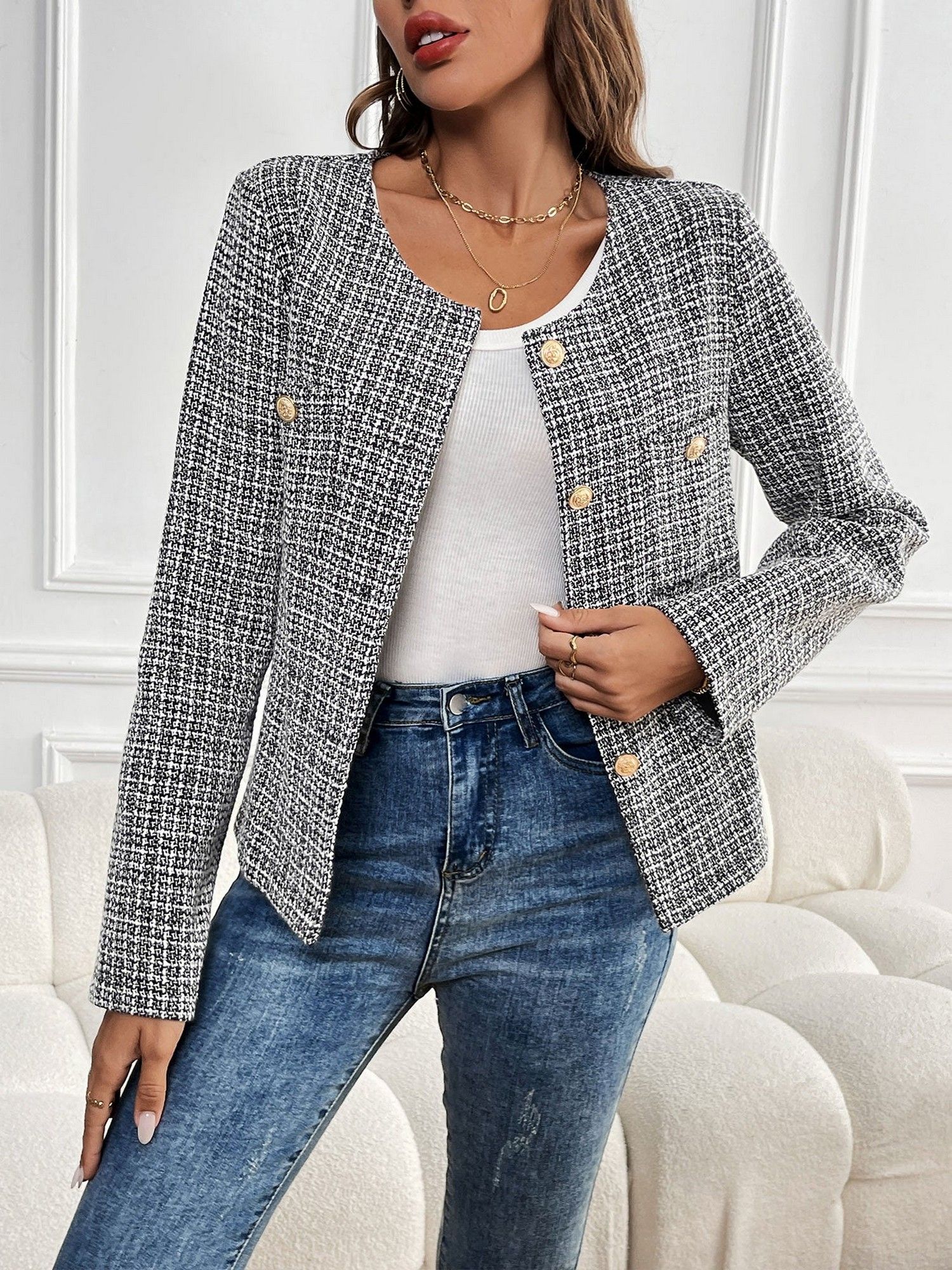 outzidr Full Sleeve Front Buttoned Tweed Grey Jacket-picture-20
