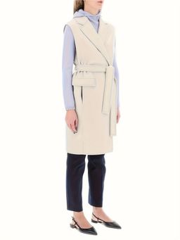 Outzidr - Midi Length Winter Sleeveless Beige Coat With Belt