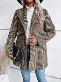 Outzidr - Big Collar Full Sleeve Check Long Brown Coat