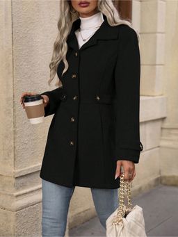 Outzidr - Big Collar Full Sleeve Long Belted Buttoned Black Coat