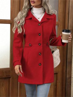 Outzidr - Big Collar Full Sleeve Long Belted Buttoned Red Coat