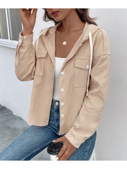 Outzidr - Full Sleeve Corduroy Front Buttoned Hooded Beige Jacket