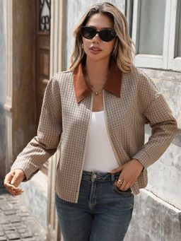 Outzidr - Contrast Collar Zip Up Beige Jacket