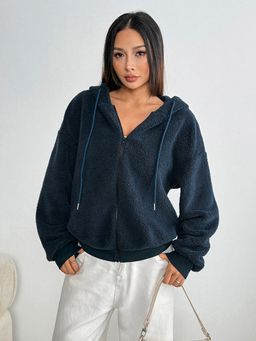 Outzidr - Full Sleeve Slouchy Hooded Navy Blue Jacket
