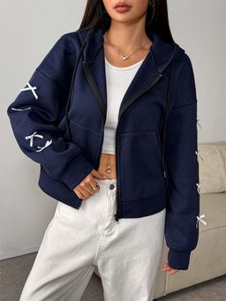 Outzidr - Full Sleeve Bow Detail Front Zip Navy Blue Jacket