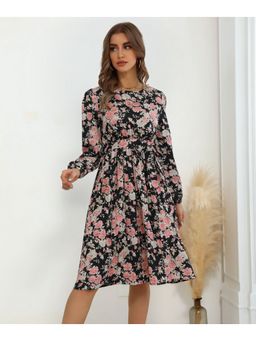 Outzidr - Black Polyester Round Neck Printed A-Line Dress