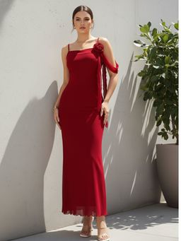 Outzidr - Red Polyester Shoulder Straps Solid Bodycon Dress