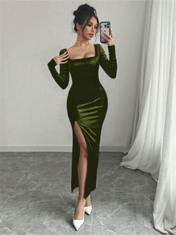 Outzidr - Olive Polyester Square Neck Solid Bodycon Dress