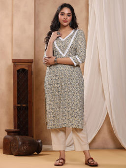 Baisacrafts - Sitara Beige Block print Kurti with Crochet lace