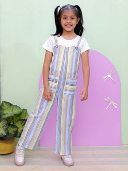 The Mom Store - Multi Color Striped Girls Dungaree with Top (Set of 2)