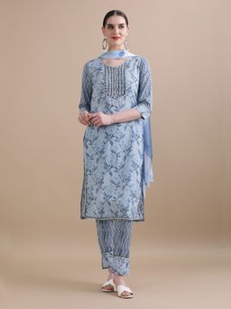 Jaipur Kurti - Blue Pure Cotton Floral Embroidered Kurta with Pant and Dupatta (Set of 3)