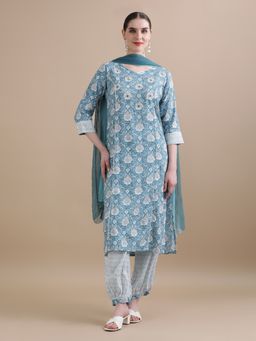 Jaipur Kurti - Blue Embroidered Floral Straight Kurta with Salwar and Dupatta (Set of 3)