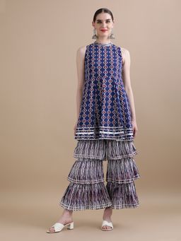 Jaipur Kurti - Navy Blue Pure Cotton Floral Printed Kurta with Sharara (Set of 2)