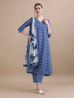 Jaipur Kurti - Navy Blue Embroidered Floral A-Line Kurta with Pant and Dupatta (Set of 3)