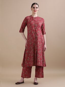 Jaipur Kurti - Maroon Pure Cotton Floral Printed Kurta with Pant (Set of 2)