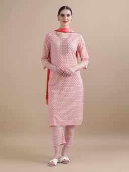 Jaipur Kurti - Pure Cotton Embroidered Straight Kurta with Pant and Dupatta (Set of 3)
