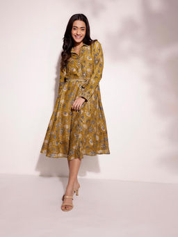 Fabindia - Mustard Cotton Silk Blend Printed Midi Dress with Belt (Set of 2)