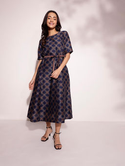 Fabindia - Indigo Cotton Silk Ajrakh Printed Midi Dress with Belt (Set of 2)