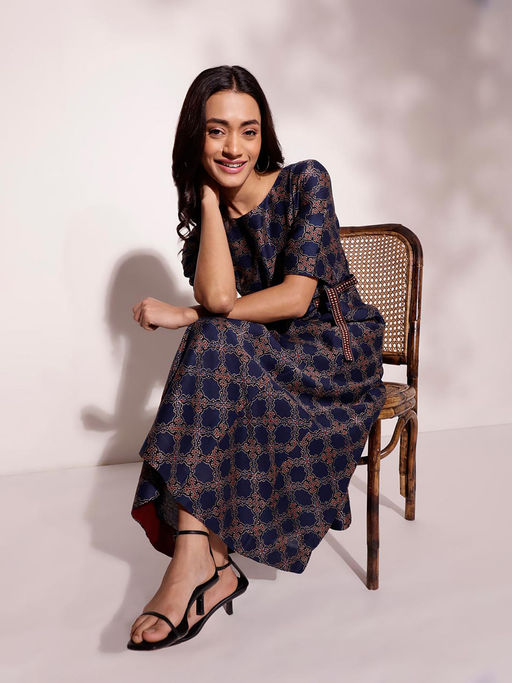 fabindia silk dresses Cotton Silk Printed Calf Length Dress